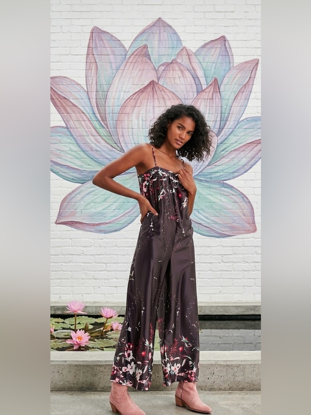 NWT Urban Outfitters Black Floral Satin Wide Leg Jumpsuit M UO